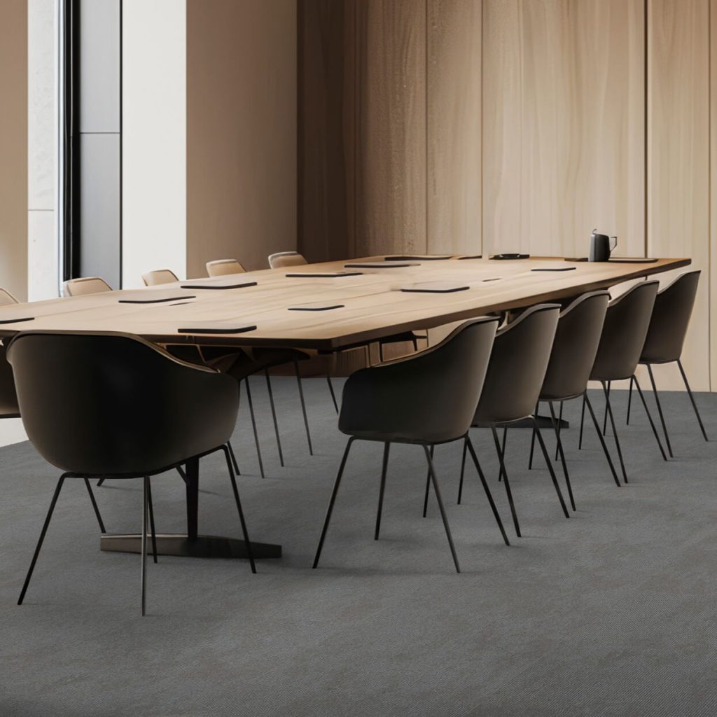 Bildet viser teppefliser i et møterom